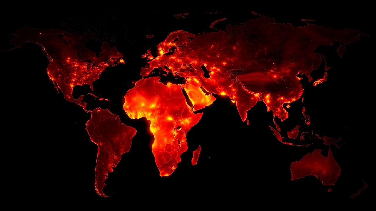 Global population density — Asia contains roughly 60 percent of all living humans, with India and China glowing brightest