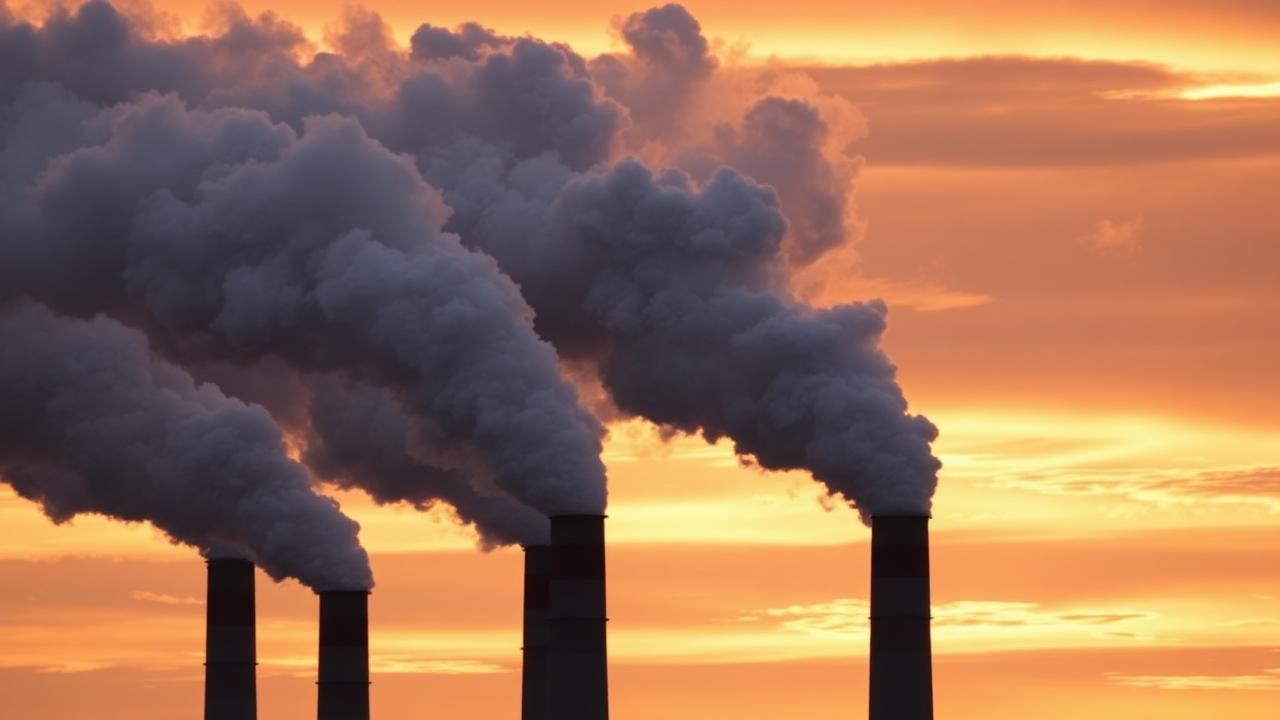 Industrial smokestacks against a dramatic sky — humanity emits roughly 1,200 metric tons of CO2 every second