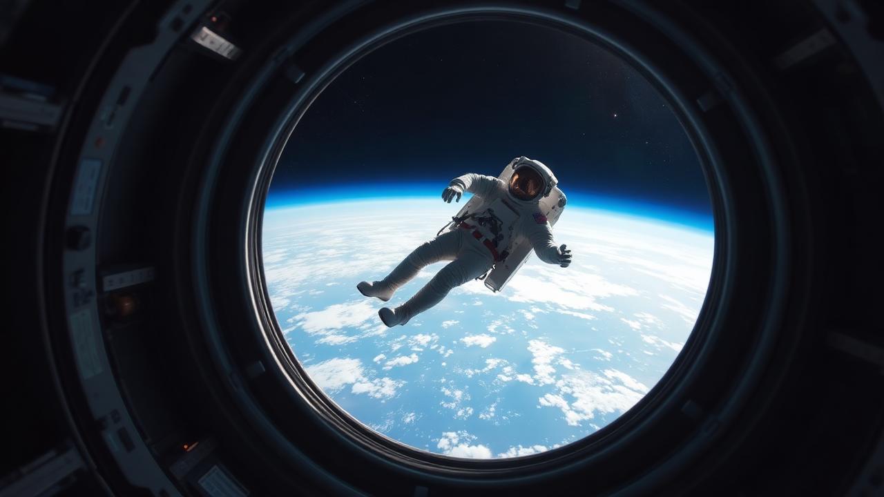 An astronaut floating in weightlessness — traveling faster than a bullet yet experiencing perfect stillness
