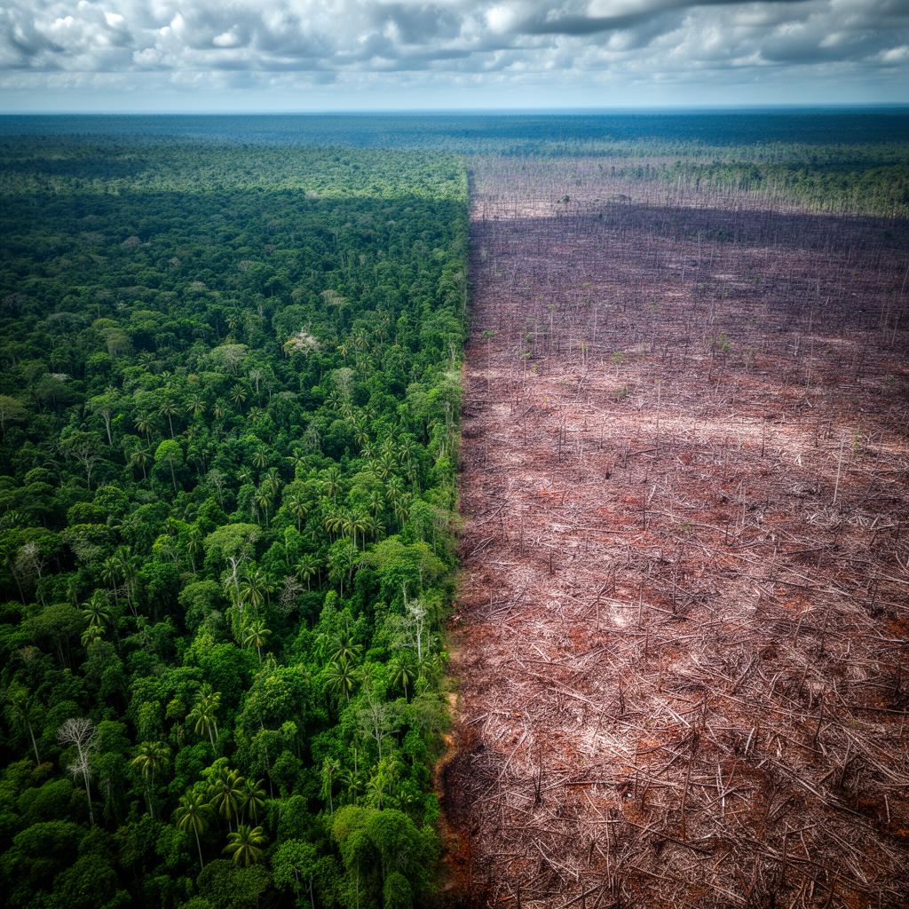 The sharp line between intact rainforest and cleared land — 2.4 hectares disappear every second