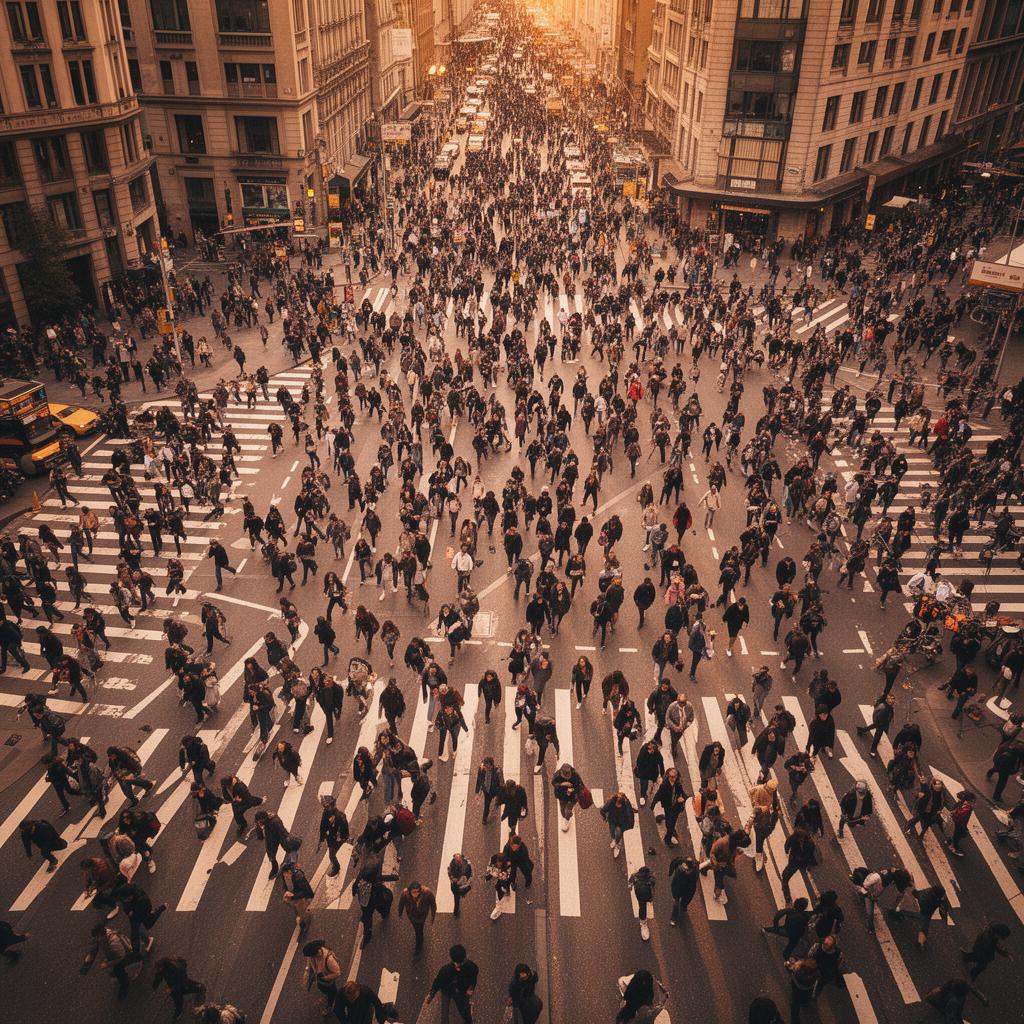 A busy urban intersection — each person one of 216,000 who arrived on the planet today