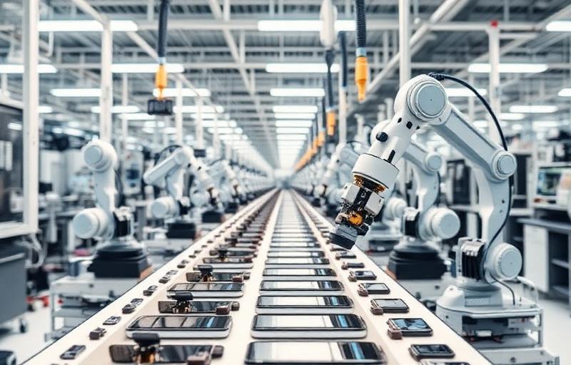 A modern smartphone assembly line where robotic arms place thousands of components with micrometer precision.